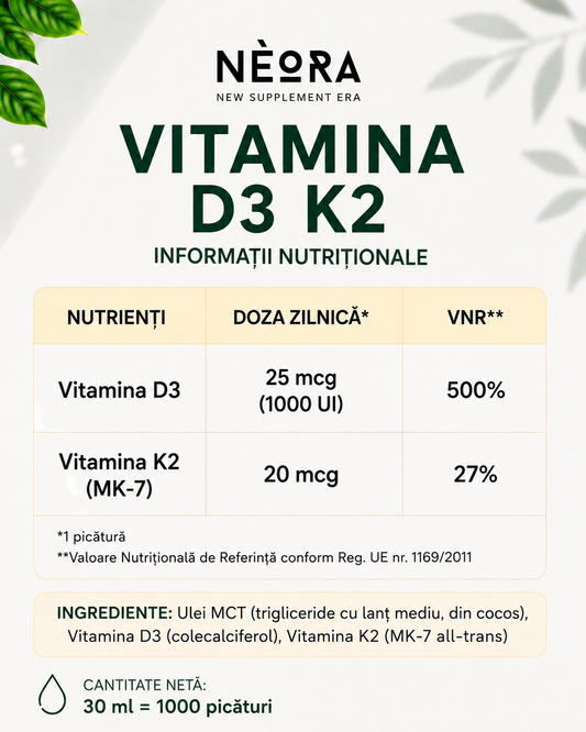 Vitamina D3 și K2 picături, 1000 UI D3 și 20 µg K2 MK-7 în Ulei MCT