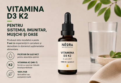 Vitamina D3 și K2 picături, 1000 UI D3 și 20 µg K2 MK-7  în Ulei MCT