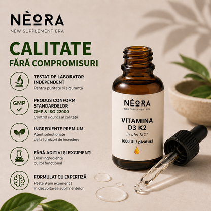 Vitamina D3 și K2 picături, 1000 UI D3 și 20 µg K2 MK-7  în Ulei MCT
