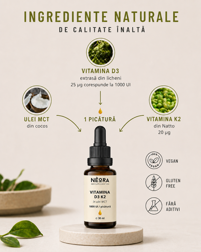 Vitamina D3 și K2 picături, 1000 UI D3 și 20 µg K2 MK-7  în Ulei MCT