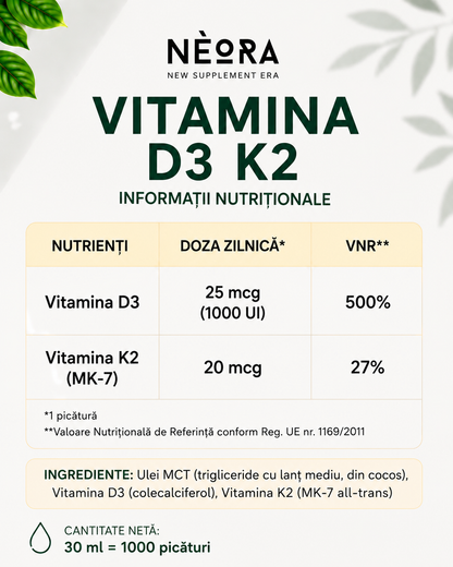 Vitamina D3 și K2 picături, 1000 UI D3 și 20 µg K2 MK-7  în Ulei MCT